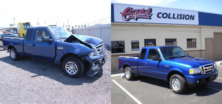 ford pickup before and after auto body repair